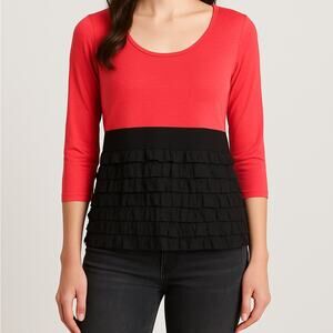 Colorblock Ruffle Hem Blouse PS Coral Black Tunic Top Petite Small Made in USA